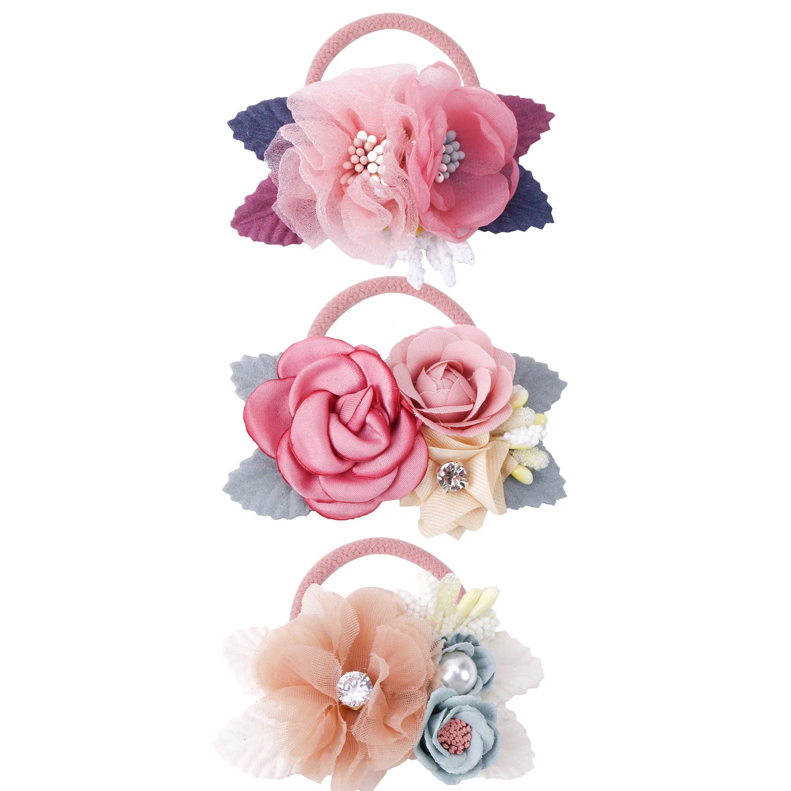 3 Pcs Set Princess Style Flower Hair Rope Hair Rings New Hot Sell Fresh & Idyllic Style Super Elastic Flower Hair Rope for Girls