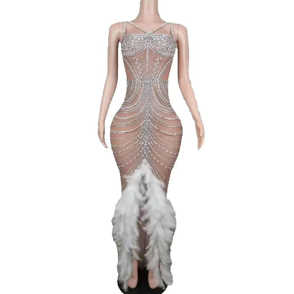 

Sparkly Rhinestones Long Feathers Dress Women Birthday Celebrate Wedding Evening Prom Gowns Dress Photoshoot Wear Stage Outfit