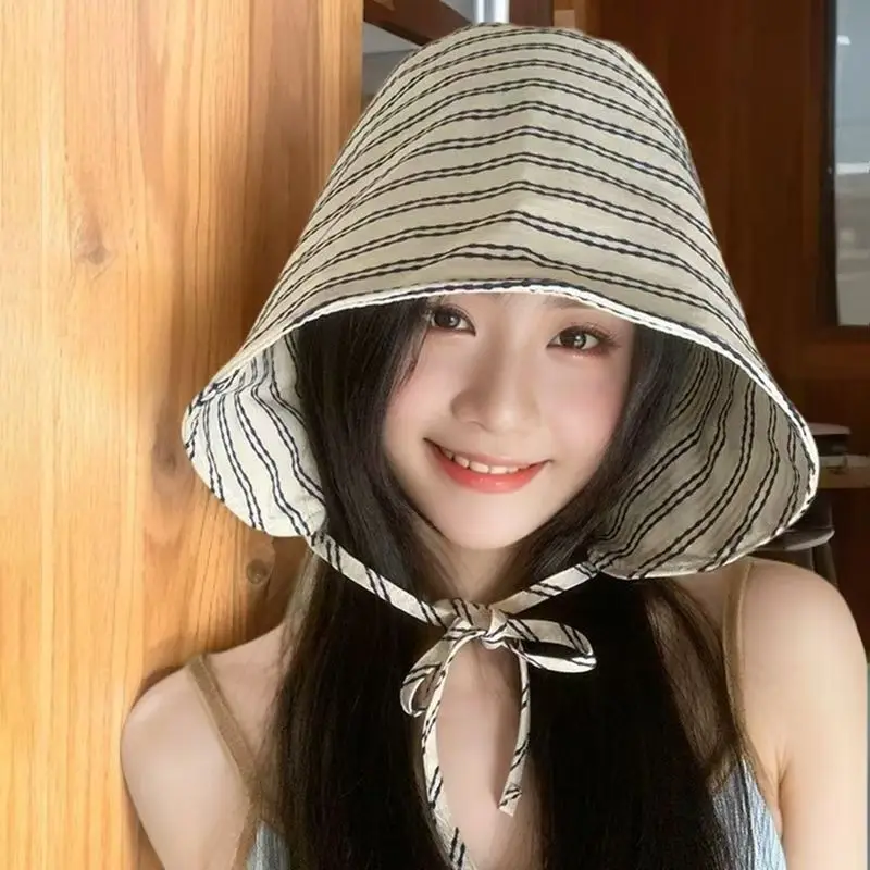 

Women's Large Brim St Boater Hat Summer Sun Protection Breathable Stripe Face Slimming Hat Face Covering Buet Hat