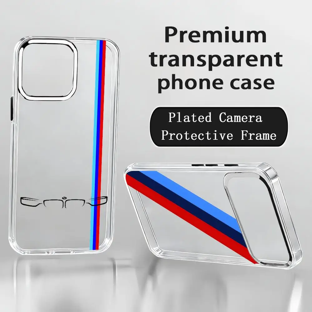 Capa para iPhone 17 Air 16 15 14 13 12 11 Pro Max Plus com Listras, Letra BMW, Botão Cromado e Anel para Câmera, Capa Transparente