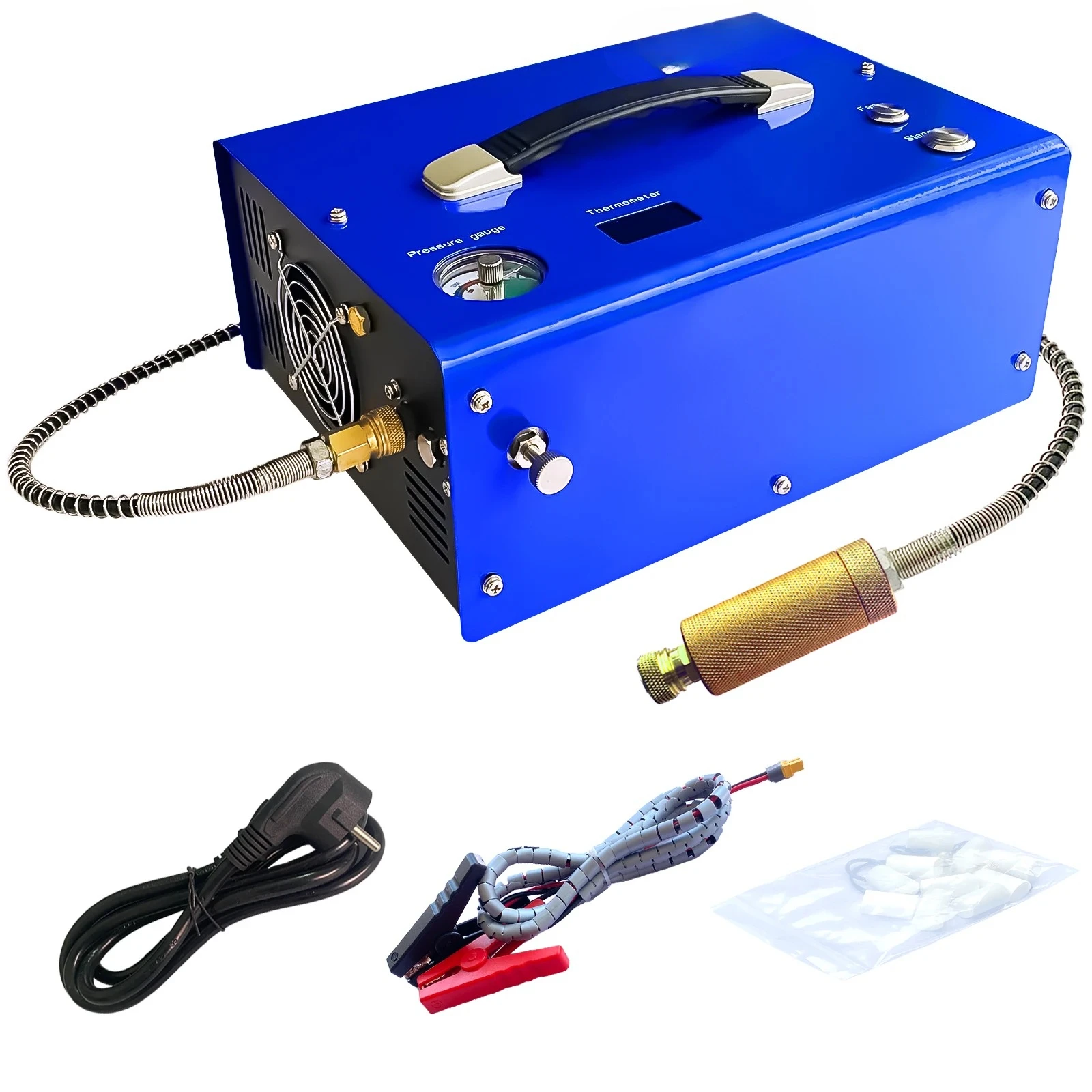 

Портативный компрессор PCP 300 бар/4500 фунтов на кв. дюйм со встроенным адаптером питания 220В/110В, настройкой давления и автоматическим отключением.