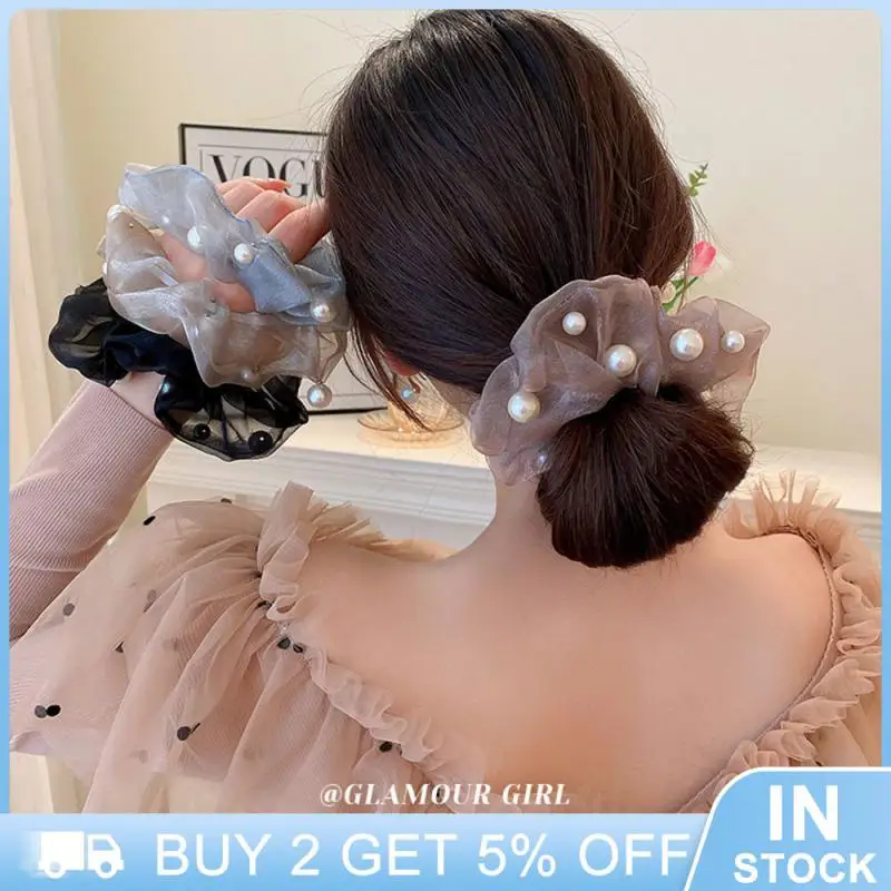 Woman Scrunch Pearl Elegant Silk Elastics Hairband Solid Color Scrunchies Hair Ties Ladies Ponytail Hold Hair Accessories