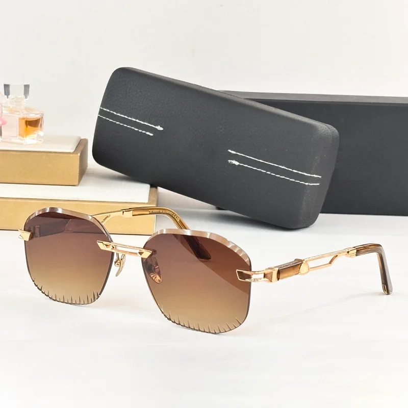 

Luxury Craft Gradient Brown Diamond Cut Boundless Sunglasses for Men Street Fashion Top Quality Rimless Alloy Solar Glasses