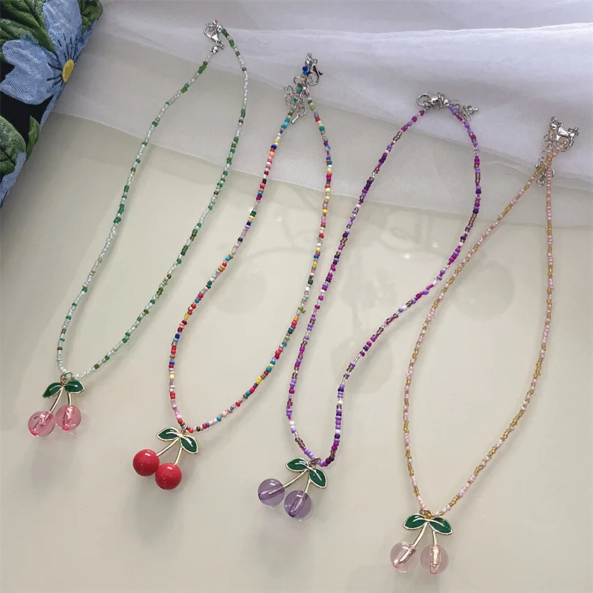 KADRUFI Korean Fashion INS Colorful Beads Cherry Pendant Necklace for Women Sweet Y2K Choker Necklace Collar Jewelry Party Gift