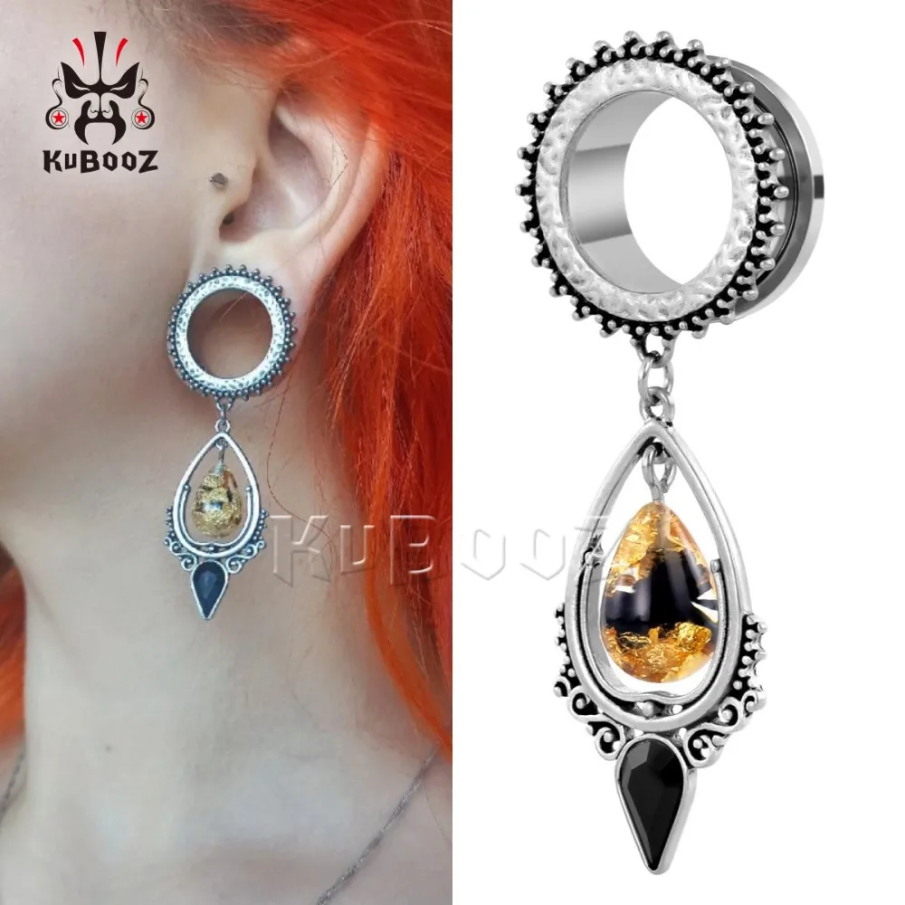 KUBOOZ Ear Piercing Tunnels Plugs Stainless Steel Dangle Teardrop Earrings Stone Expander Ring Body Jewelry Gift For Women 2PCS