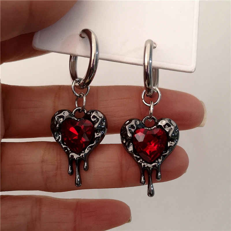 Gothic Vintage Aesthetic Y2k Red Heart Pendant Dangle Earrings For Women Stainless Steel Jewelry EMO Grunge Rave Accessories