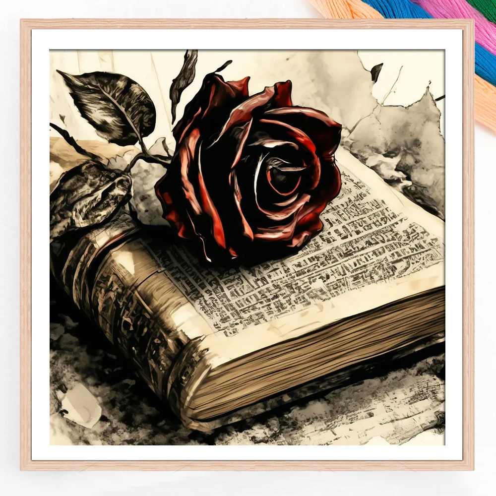 DIY Printed Cross Stitch Kit Dark Red Rose Book New Arrival Needlework 11ct Embroidery Flower Theme Wall Decor