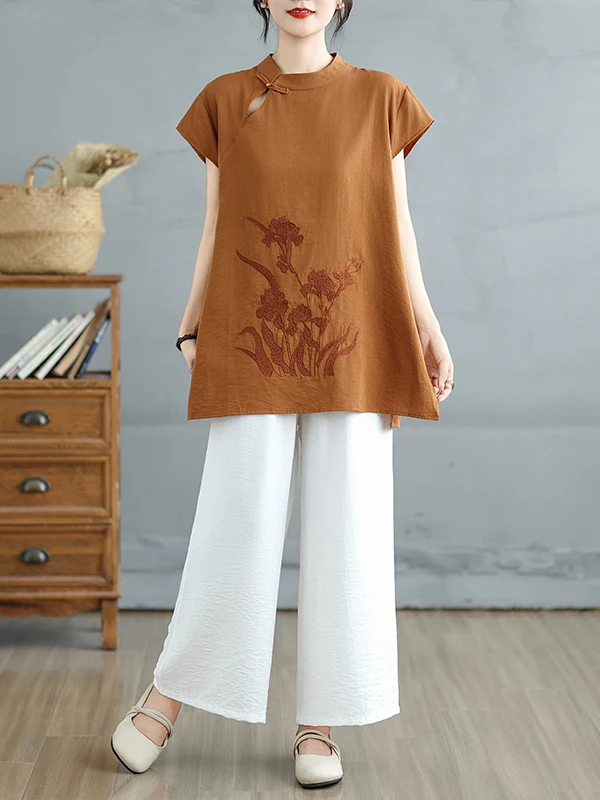 Conjunto de Lino y Aodón a la Moda con Csa Bordada de Cuello Alto con Botones y Plones Anchos de Pierna, Conjunto de...