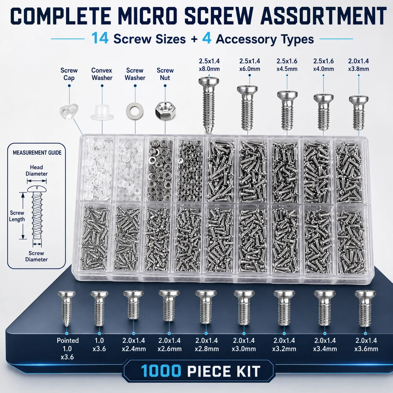 1000pcs 18 Types In 1 Boxed Eyeglasses Repair Tool Kit Includes Screw,Nuts,Washer,Spacer Caps Precision Repairing