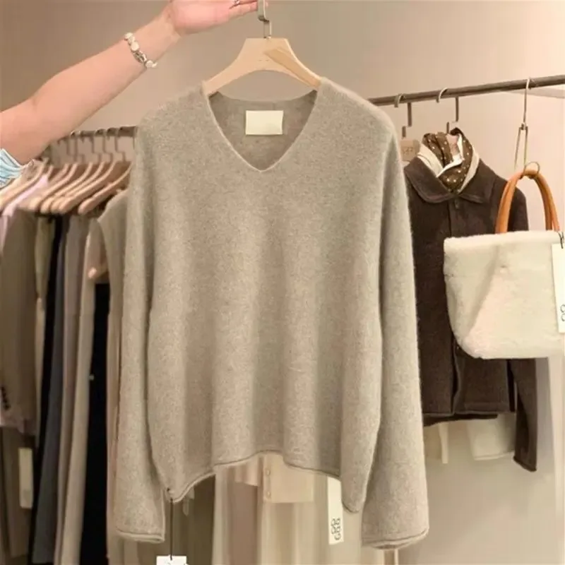 

Women's Wool Sweater Spring Autumn V-neck Long Sleeve Pullover High Quality Knitwear Cashmere Top