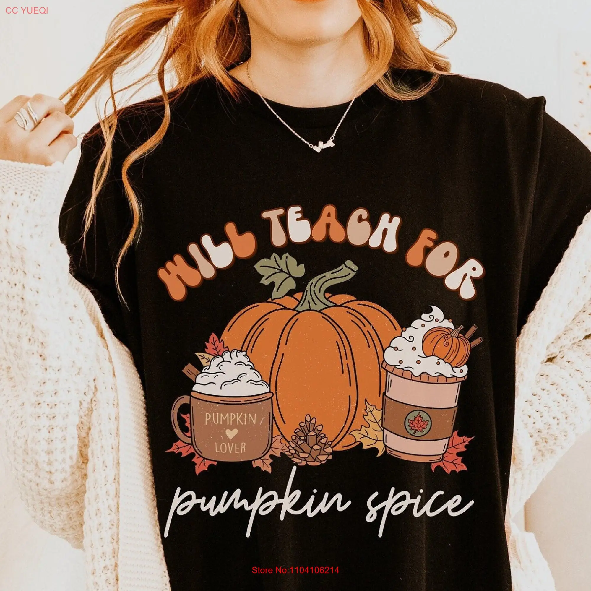 Fall Teacher T Shirt Will Teach For Pumpkin Spice Trendy Halloween Thanksgiving Retro Teachers long or short sleeves