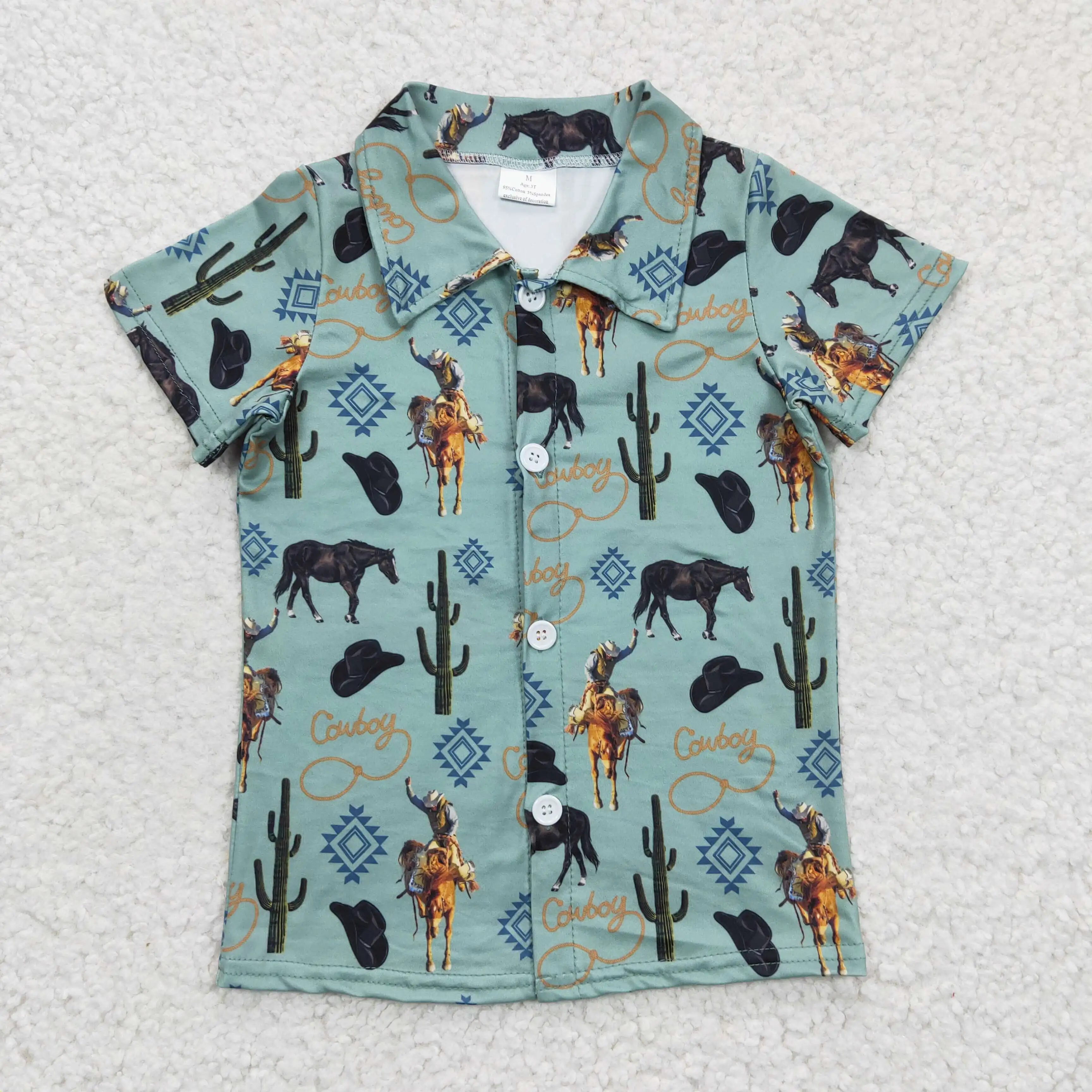 BT0164 Boys Shirt Short Sleeve Cowboy Print Western Milk Silk Kids Summer Clothing