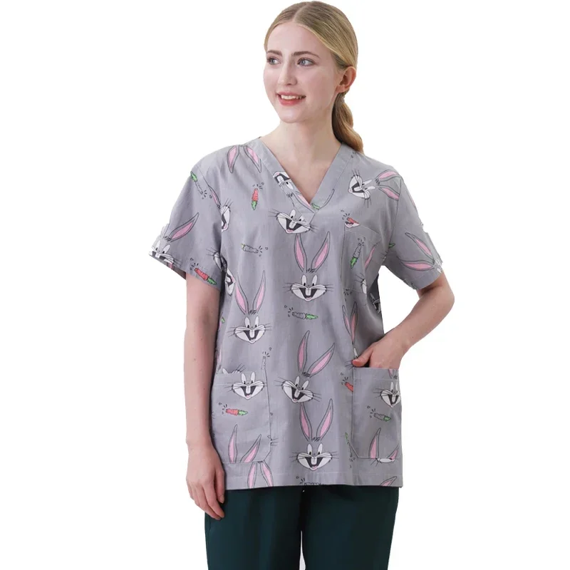 Nurse Uniforms Women Print Short Sleeve V-neck Scrubs Working Medical Blouse Overalls   Nursing Spa Pet Dentistry