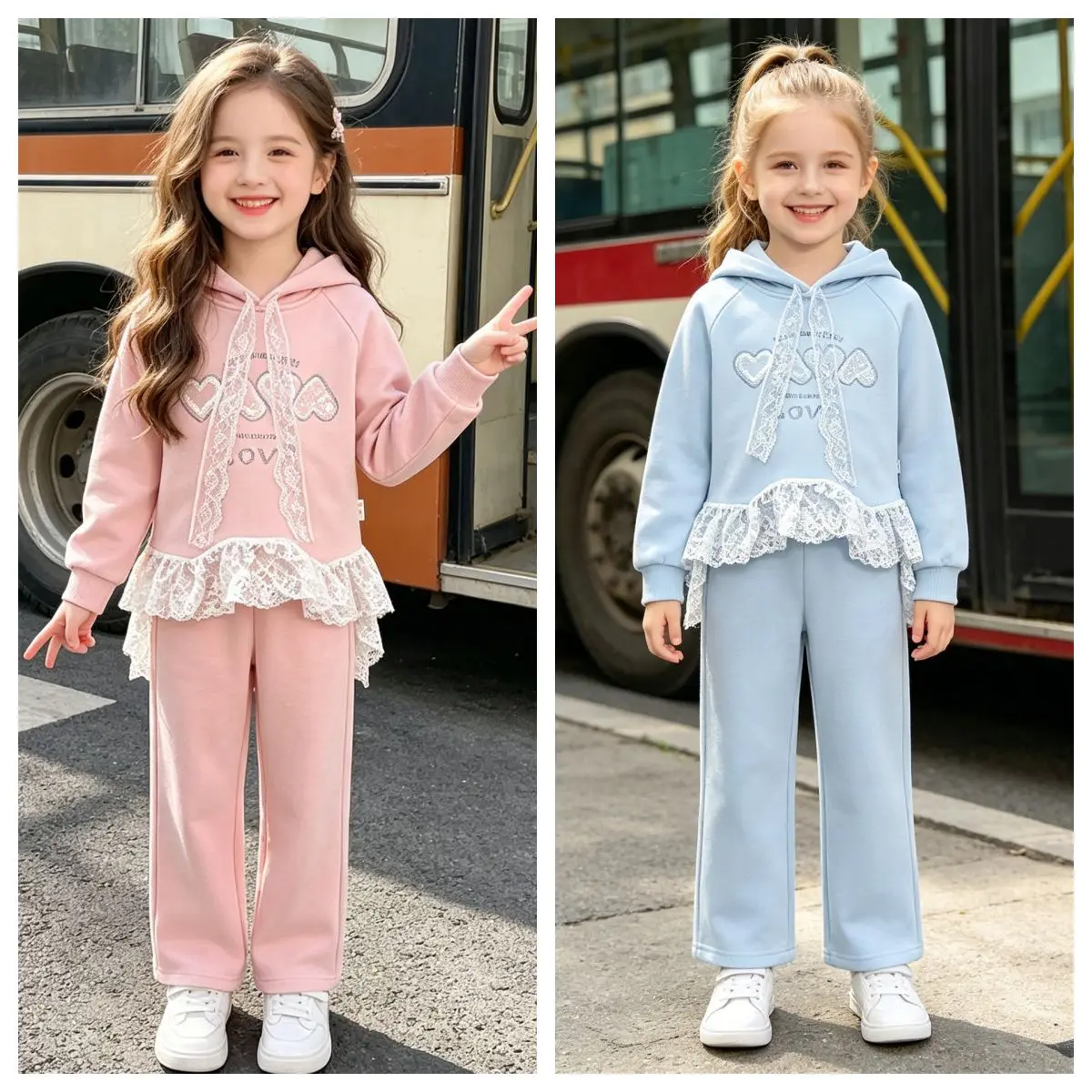 Autumn and Winter Girls Long Sleeve Set Lace Love Letter Hot Diamond Hooded Top Pants Two Piece Set 2026 New 2