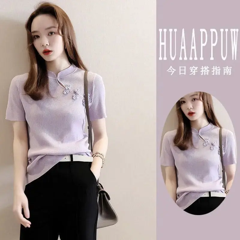 

2024 new chinese style improved tangsuits blouse women t-shirt underlay women's chinese style fashion sweater knitwear top