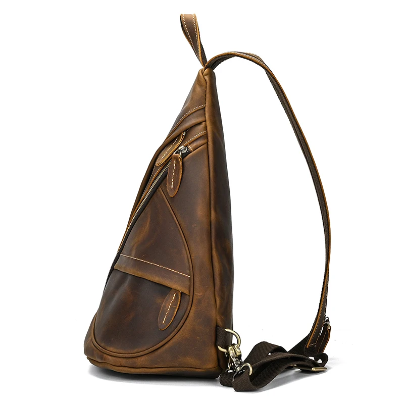 Mochila de un solo hombro para hombre, bolso de pecho de cuero genuino para montar al aire libre, bolsos de cabestrillo para hombre, bolsos de cuero de vaca