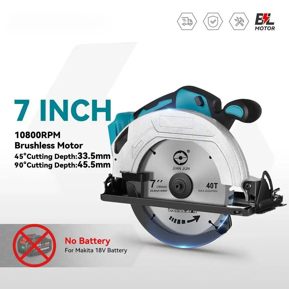 

7 Inch Brushless Circular Saw W/ 3PCS 180mm Blades Multi-Angle 0-45° Cutting Electric Saw Woodworking Power Tool For Makita 18V