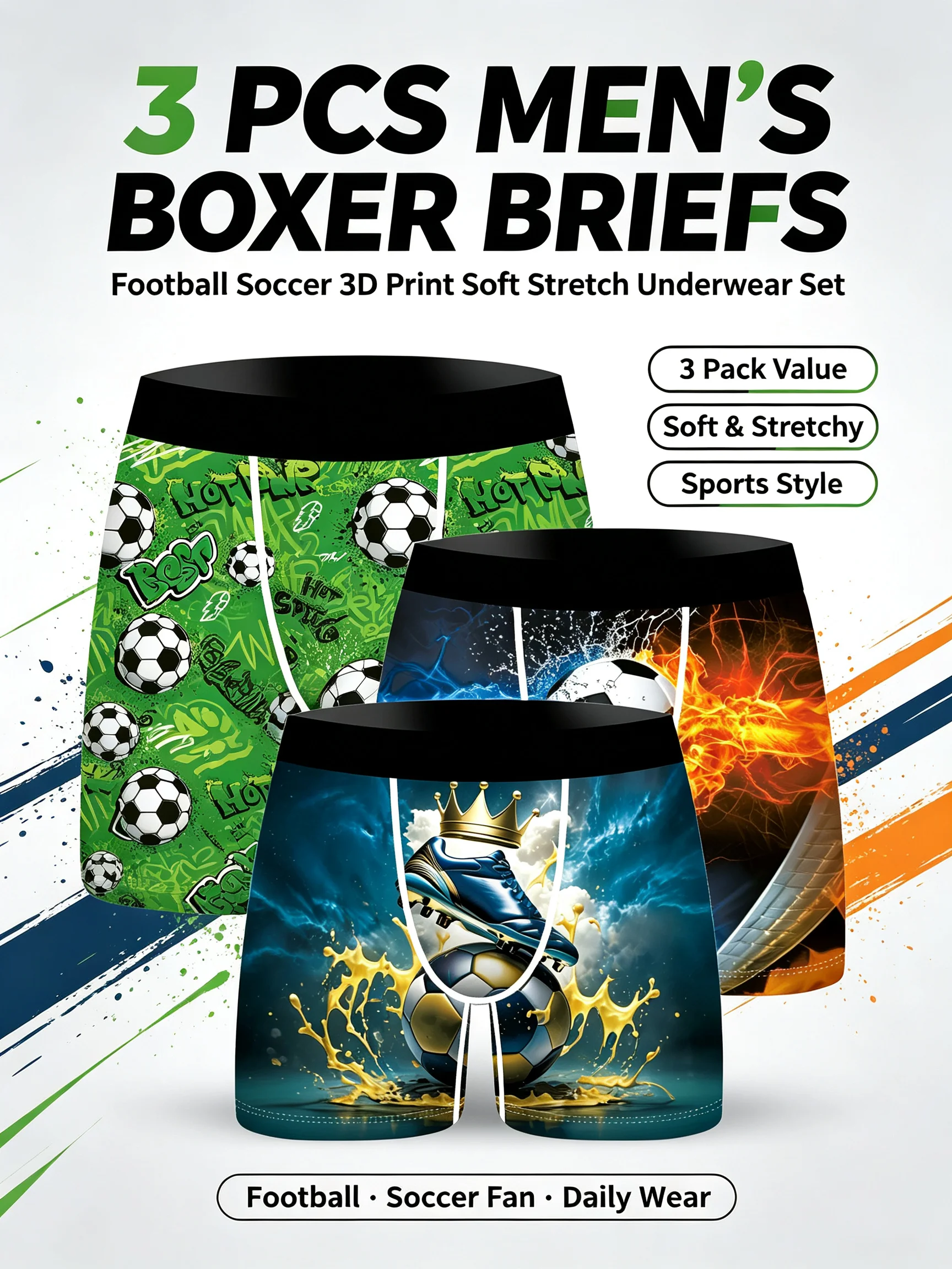 3Pcs Men Boxer Briefs Soccer Football 3D Print Underwear Soft Stretch Male Underpants Novelty Sports Gift Boxer Shorts