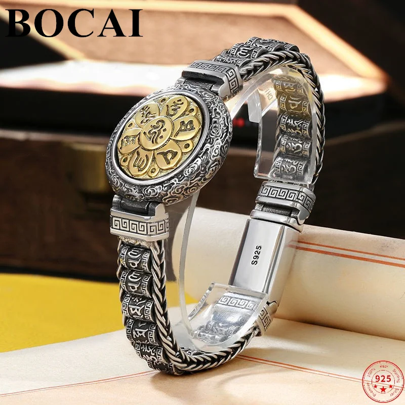 BOCAI S925 Sterling Silver Charm Bracelets for Men Women Six Syllable Mantra Prayer Wheel Chain Buddhist Bangle Free Shipping