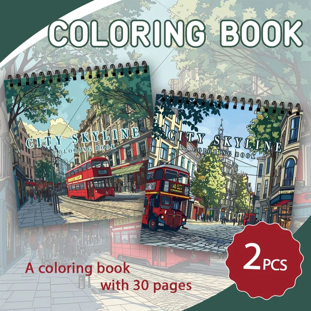 2pcs Street Scene Coloring Book Set, Healing Stress, 30 Unique Designs,11.2 X 8.3 Inches,Perfect Gift for Birthdays and Holidays