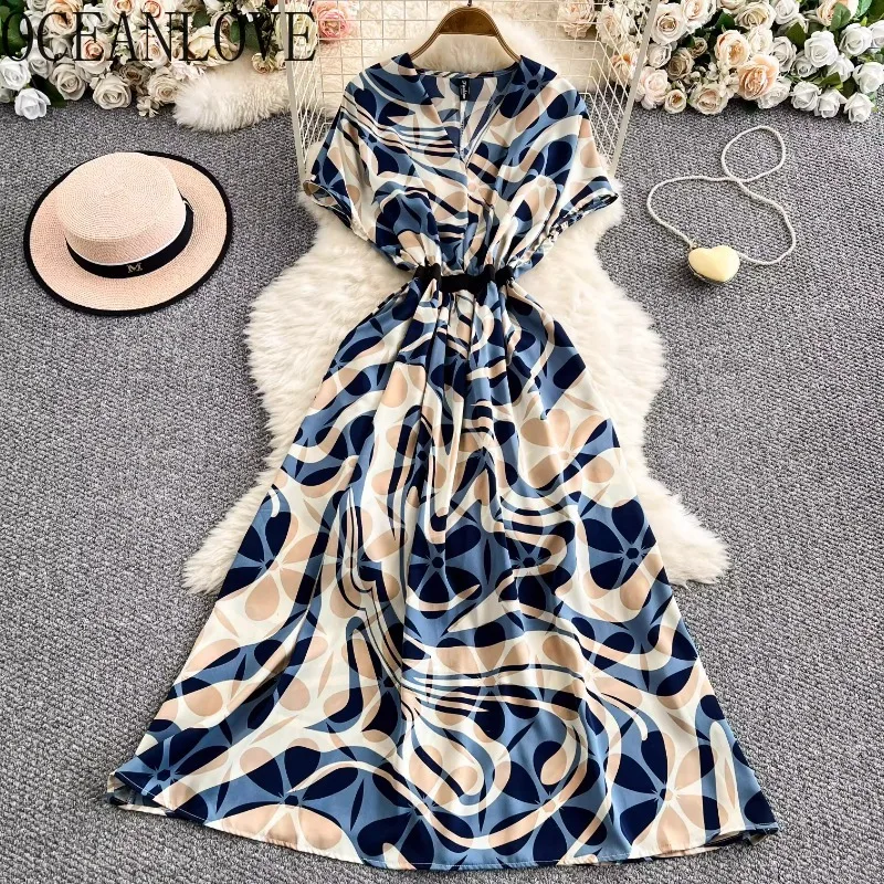 

OCEANLOVE Print Long Dresses Contrast Color Puff Sleeve Spring Summer Women Dress Beach Style Fashion Elegant Vestidos Mujer