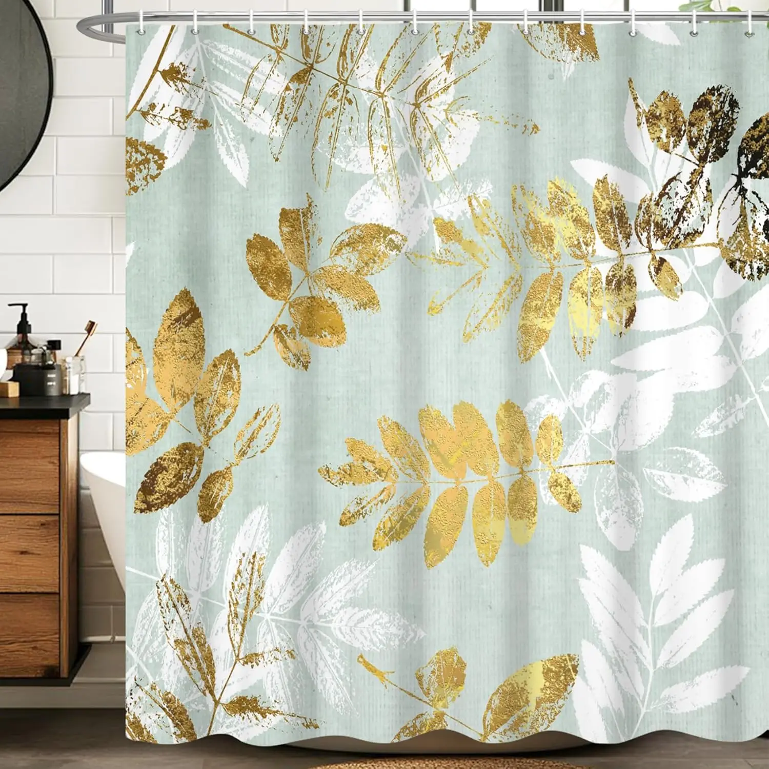 

Водонепроницаемая декоративная шторка для душа с узором из золотых листьев для роскошной ванной комнаты, домашнего декора, с крючками и карнизом