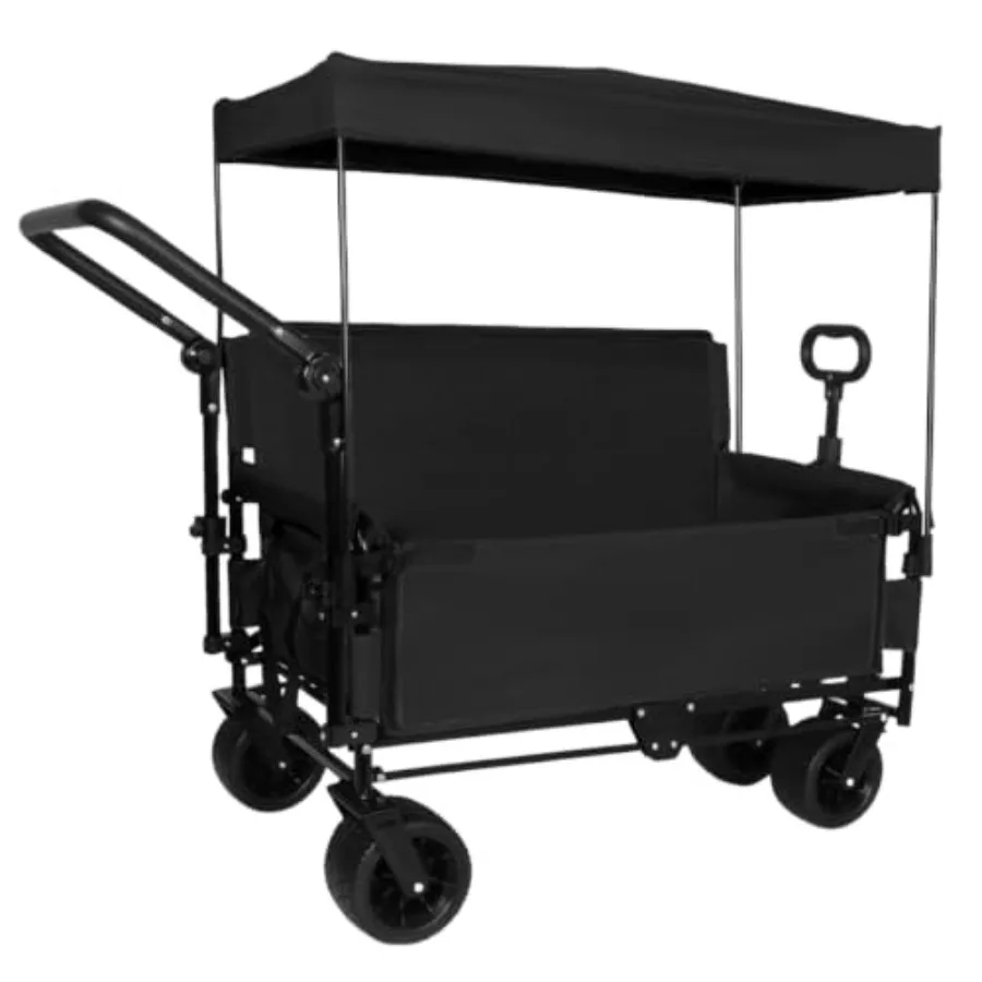 3-in-1 Folding Wagon Cart for Camping, Beach, Sports Garden: Heavy-Duty Black Steel Frame, 500lbs Capacity, 180L Volume, Bench