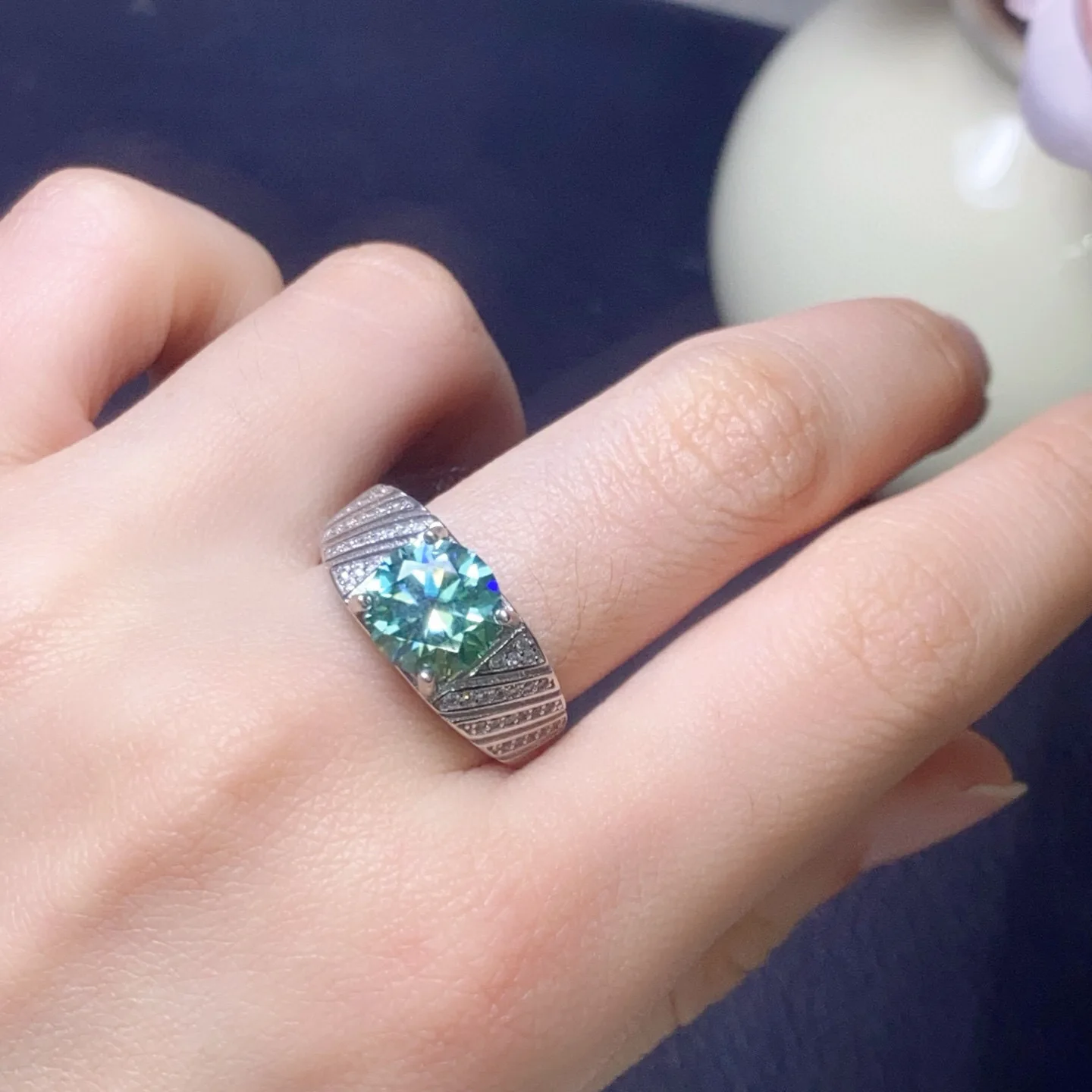 

3CT Blue Green Moissanite Ring 9mm Round Cut Certified S925 Sterling Silver Luxury Wedding Band For Men Women Unisex Engagement