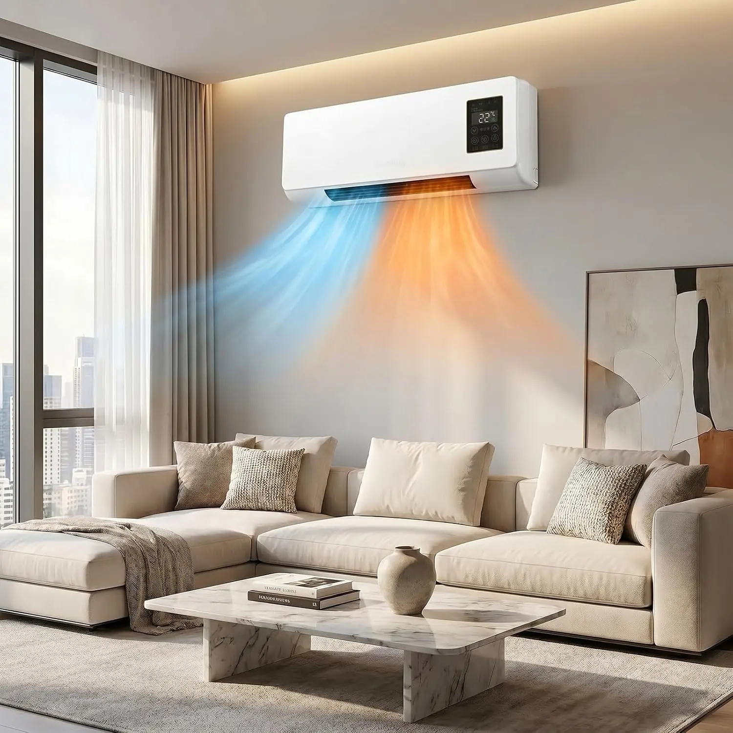 1800W Wall Mounted Air Conditioner Fan and Heater Combo, Portable Ductless Wall Mounted AC Unit 2-in-1, Quiet Smart Room Heater with Timer No Window Needed for Office Baby Room(White)