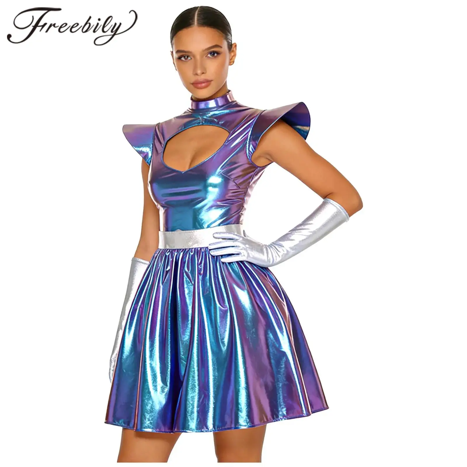 

Женский костюм для косплея «Чужой», платье для танцевальной вечеринки космонавта, космическое блестящее металлическое блестящее маскарадное платье для взрослых с перчатками