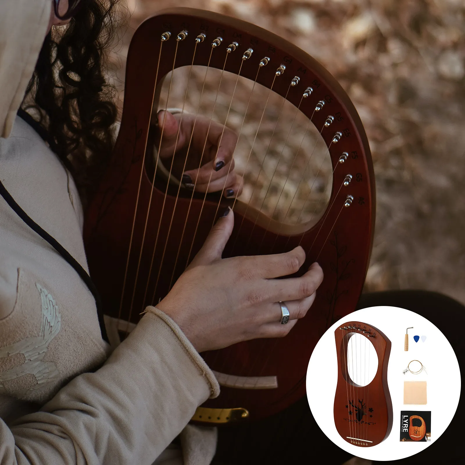 

1Set Wood Body String Instrument Retro Reindeer Harp 7 Strings with Tuning Wrench Melodious Sound Exquisite Craftsmanship