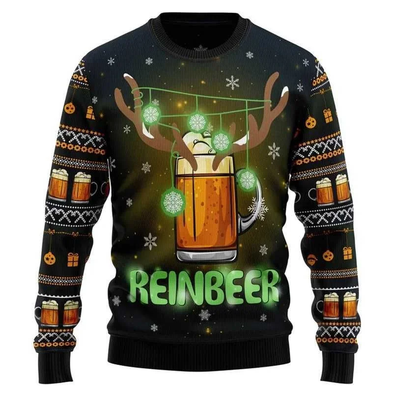 

Beer Christmas Pattern Sweatshirts For Men Bear Reindeer 3D Printed Pullover Festival Party Hoodies Long Sleeves Round Neck Tops