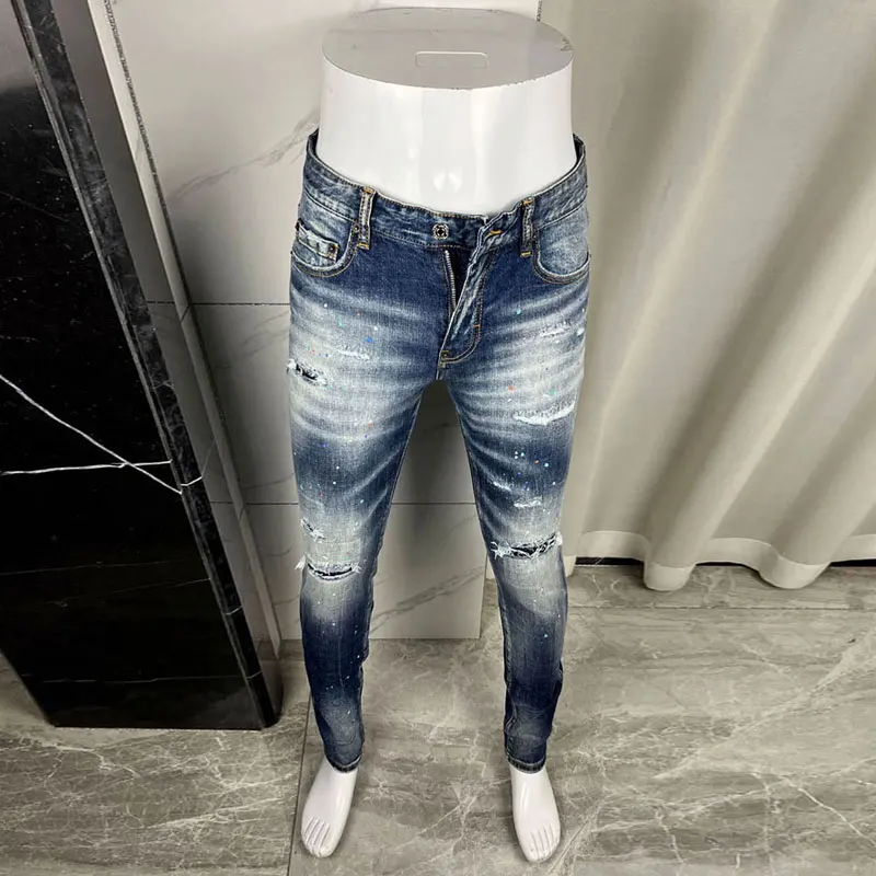 

High Street Fashion Men's Jeans Stretch Tight Retro Ripple Jeans Men's Painted Designer Hip Hop Brand Retro Blue Pants Hombre