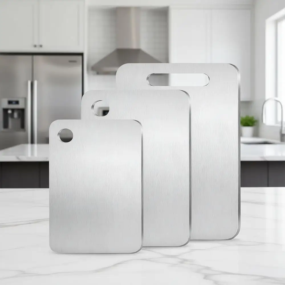 

Triple-Sided Stainless Steel Cutting Board Set, Dishwasher Safe, Ideal for Fruits, Meats, and Outdoor BBQs (Small, Medium, Large