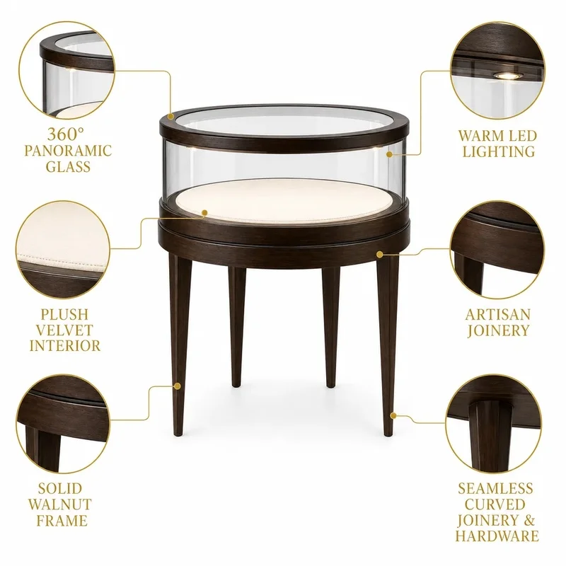custom.Custom Dark Brown Wood Jewelry Display Table with Glass and Tapered Jewelry Store