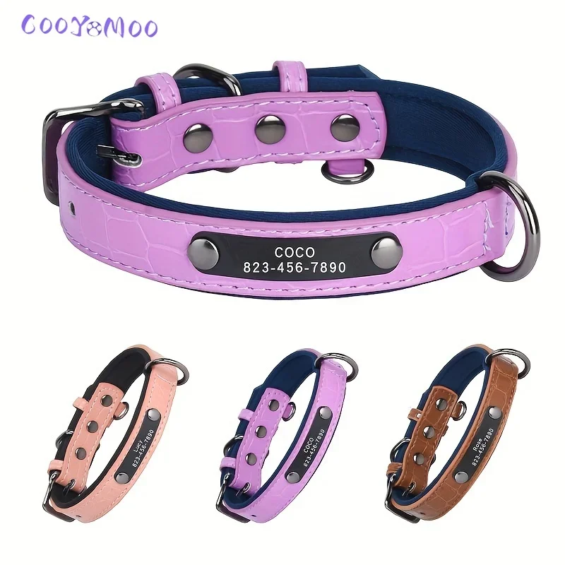 Customized ID Tag Dog Collar Bone Printed Soft Padded Personalized Nameplate ID Leather Dog Collars for Small Medium Large Dog