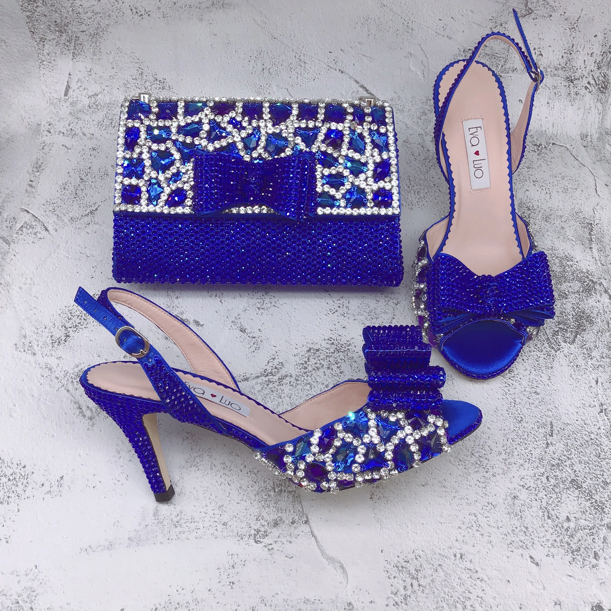 BS1685 Luxury Custom Made Royal Blue Crystal Shinning Rhinestone Nigerian Italian Shoes And Bag Set For Birthday Wedding Party