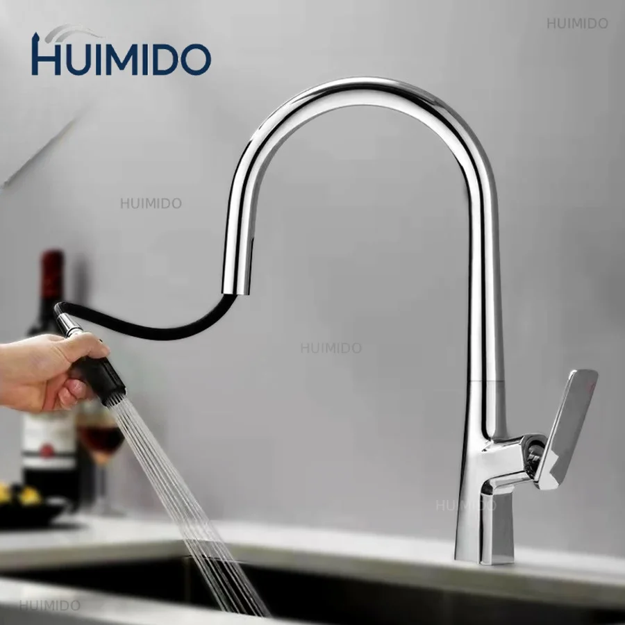 Pull Out Kitchen Sink Faucet Stream Sprayer Kitchen Gourmet Faucet Rotatable Basin Mixer Water Tap Hot Cold Crane Brass Grey