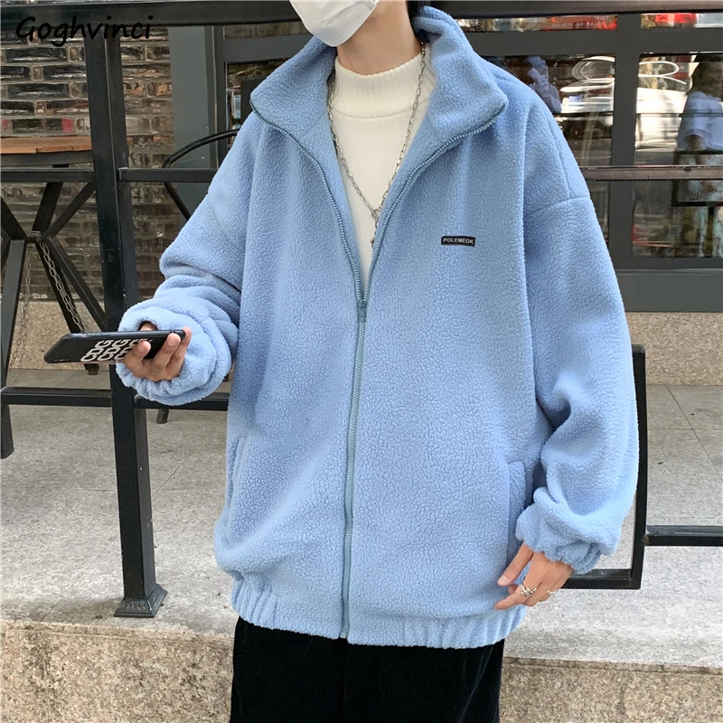 

Мужские флисовые куртки: утепленные пальто на осень, модная уличная одежда в стиле хип-хоп, теплые зимние свободные куртки на молнии с модным воротником