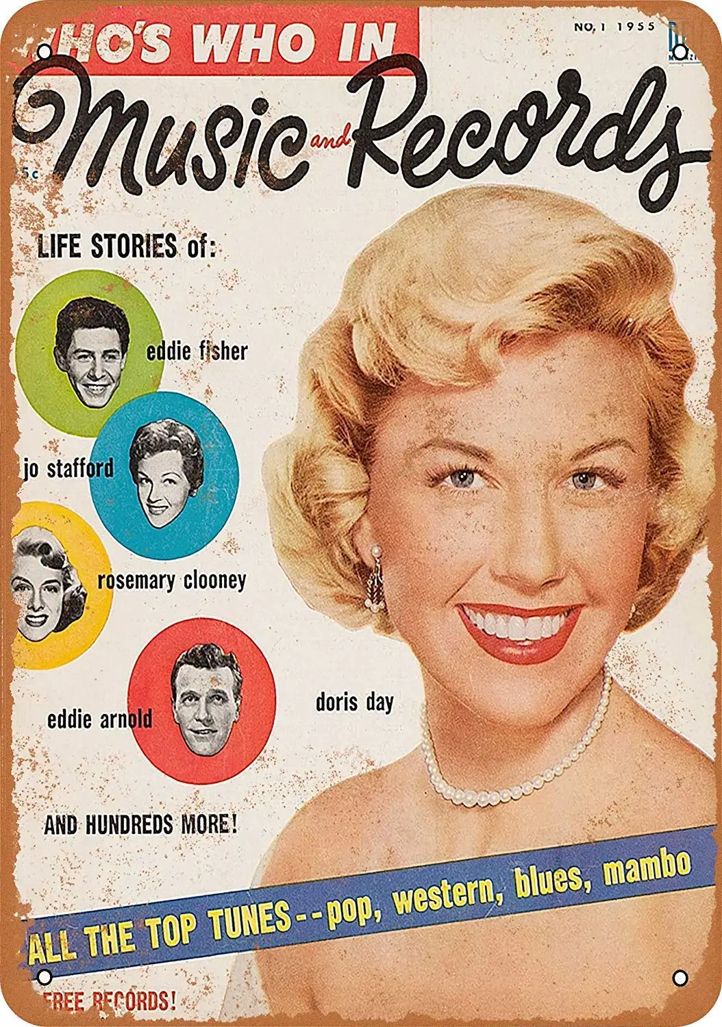 Isaric Tin Sign 1955 Music Records Magazine Doris Day - Vintage Metal Sign 8 x 12 Inches