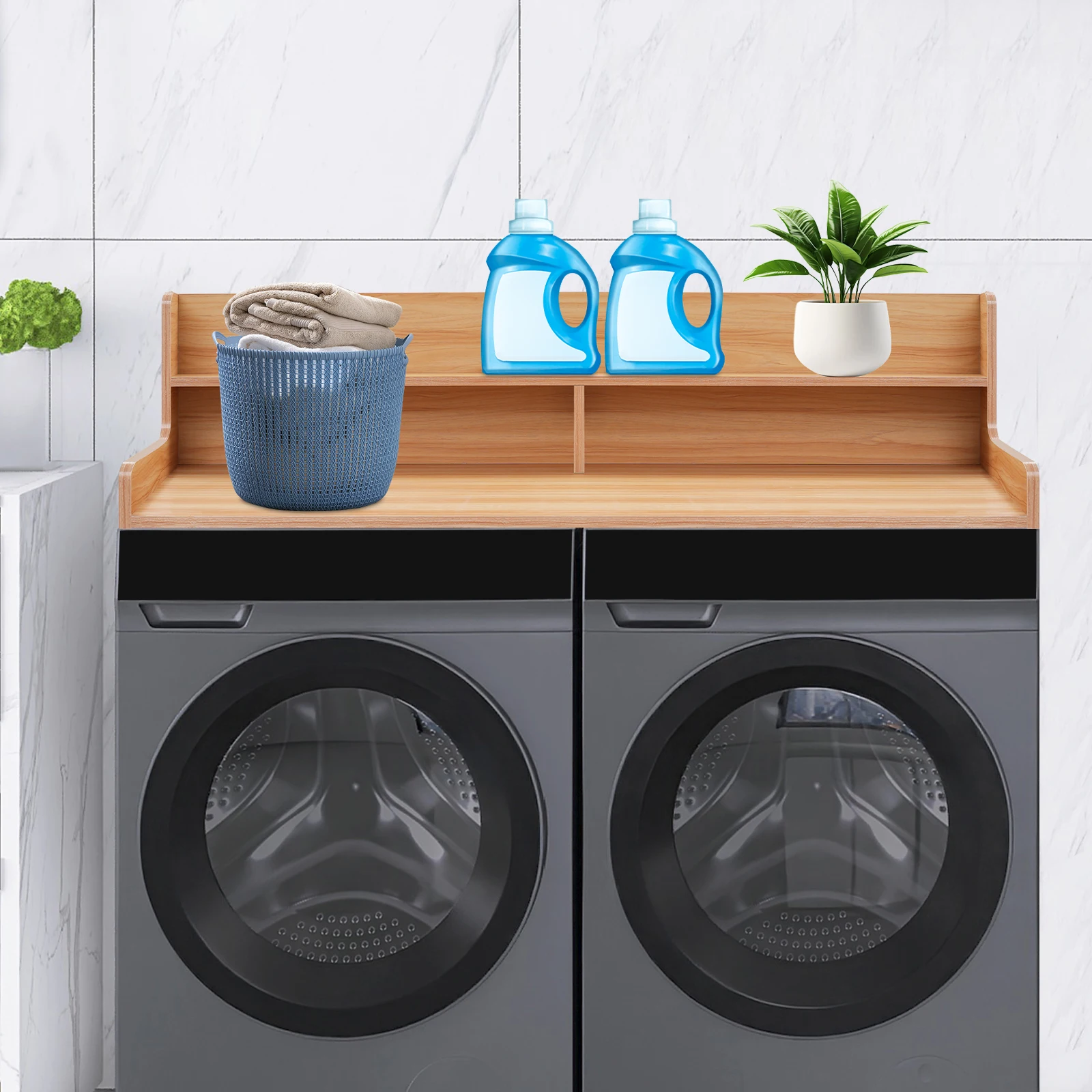 Washing Machine Countertop Solid Wood Topper Table with 2-Tier Shelf, Laundry Room Organizer for Front Load Washer Dryer, Heavy Duty 44.09lbs Load, Rustic Space-Saving