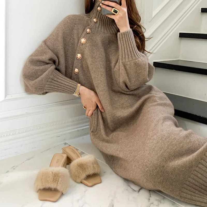 Japan South Korea Lace-Up Waist Knit Dress 2024 Autumn Winter New Loose Look Slim Everything With Turtleneck Long Sweater Woman