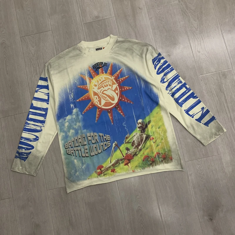 Loose Fit Trendy Hip Hop Rough Play Long Sleeved American Retro Washed Printed T-shirt Stock