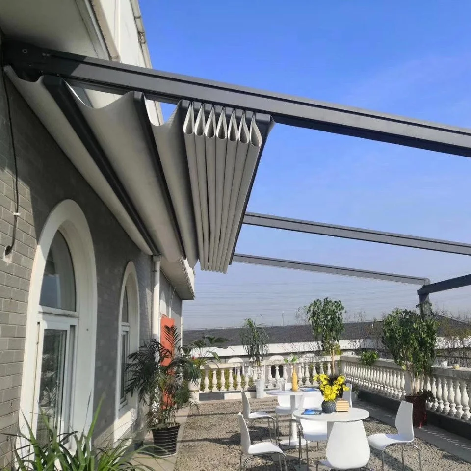 Factory Direct 2026 Aluminum Outdoor Garden Pergola Telescopic Folding Roof System Electrically-powered Waterproof Rainproof