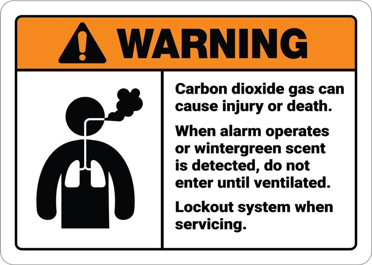 Warning: Carbon Dioxide Gas When Wintergreen Scent Detected ANSI - Wall Sign Facility Signs Warning Caution Metal Tin Sign,  in