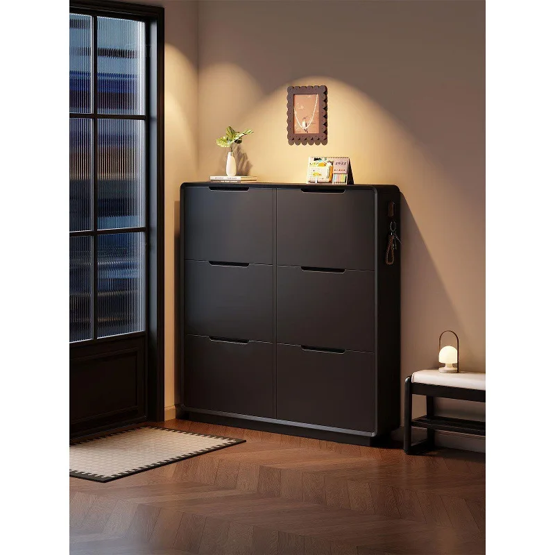 Solid wood ultra-thin shoe cabinet, black porch at home door, narrow tipping bucket locker
