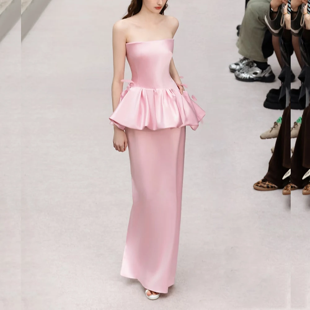 

Customized Sweet Feathers Strapless Straight Slit Prom Dresses Vintage Style Evening Party Exquisite Cocktail Evening Dresses