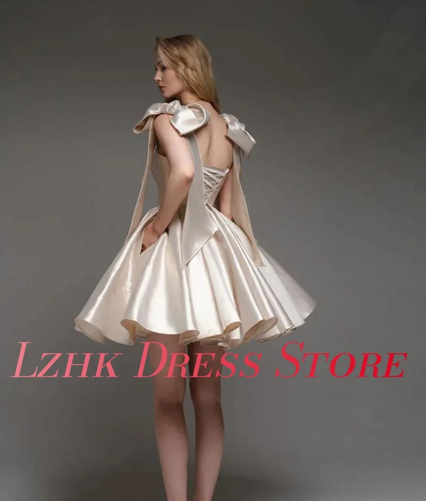 Abito da sera con fiocco 3D con spalline a trapezio in raso grazioso personalizzato Abiti per occasioni speciali senza maniche senza spalline