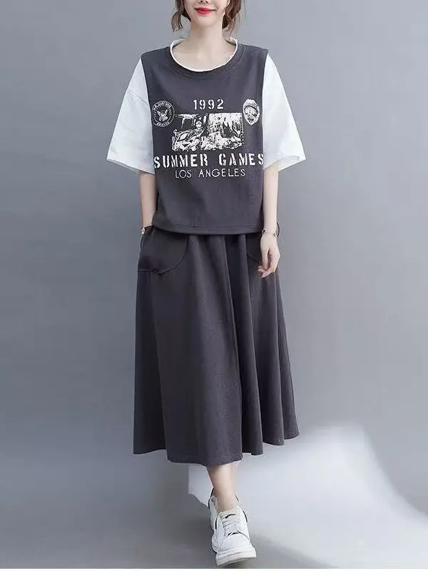 

High Waist Midi Skirt Set Casual Summer Outfit Short Sleeve T-Shirt Print Pattern Loose Fit Versatile Style for Women over 35
