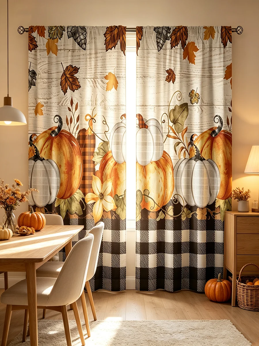 2PCS Digital Printed Curtains, Plaid Pumpkin Maple Pattern, Fall Thanksgiving Style for Living Room Bedroom Kitchen Home Decor